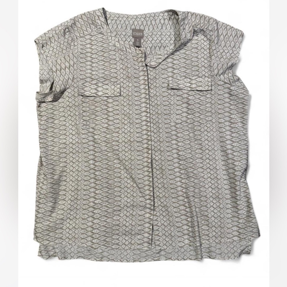 Chico's Gray Boxy Blouse with Mandarin Collar
